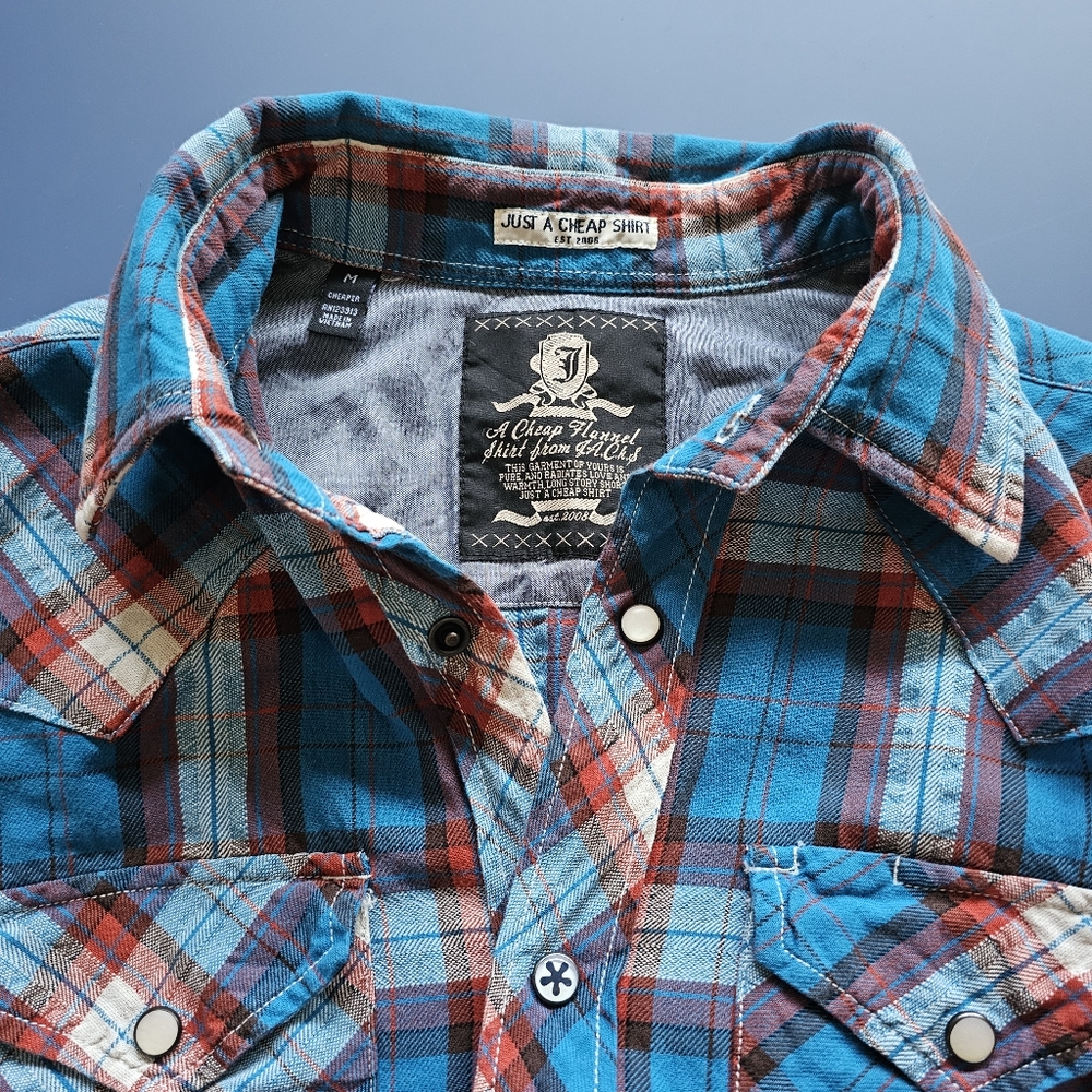 JACHS Just A Cheap Shirt men red blue western plaid shirt snaps size M